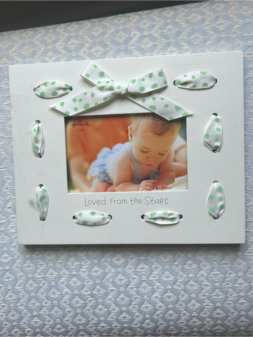 New White Baby Photo Frame with Green Polka Dot Ribbon